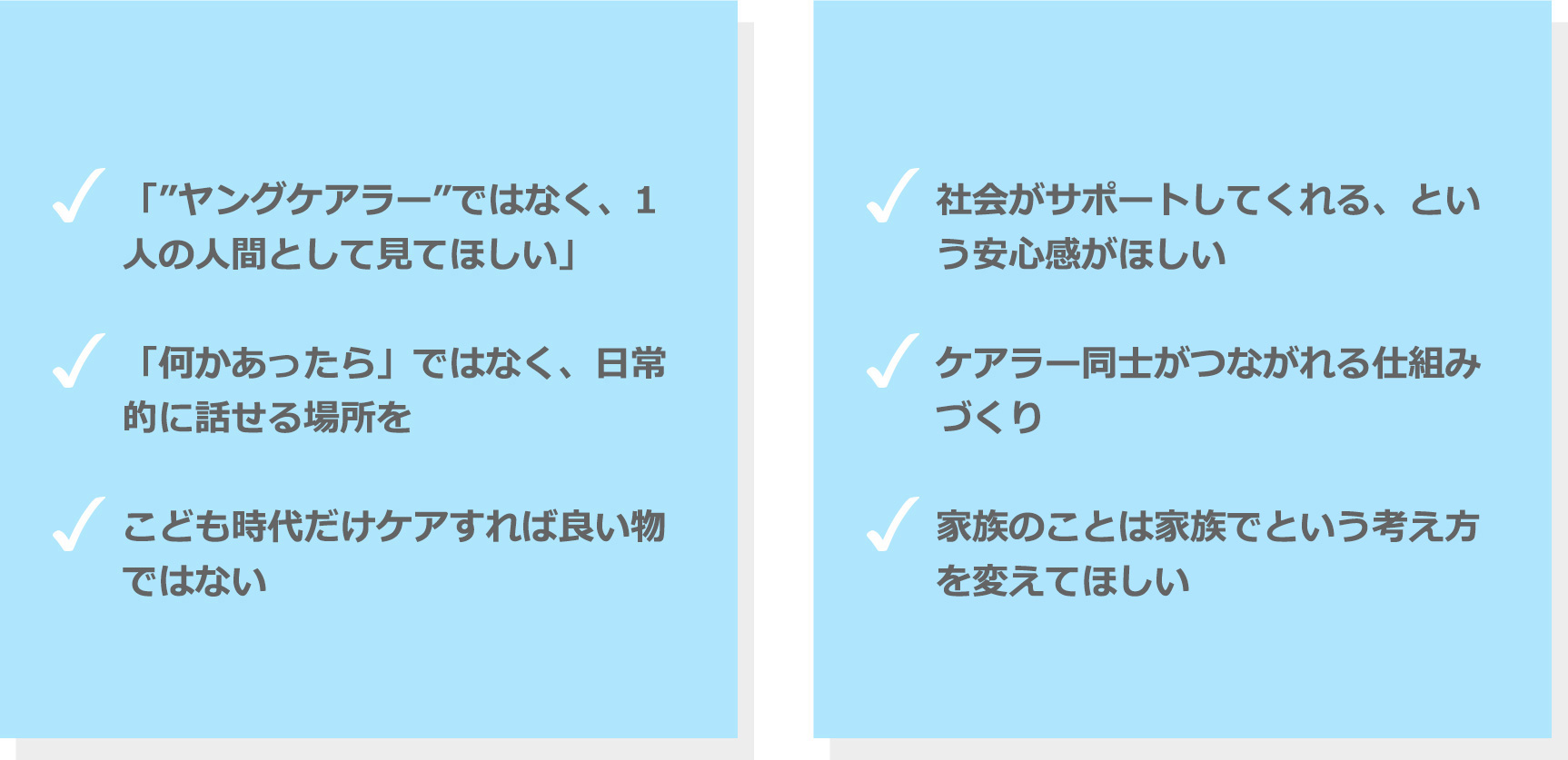 「ヤングケアラー」ではなく、1人の人間として見てほしい。「何かあったら」ではなく、日常的に話せる場所を。こども時代だけケアすれば良い物ではない。社会に望むこと 社会がサポートしてくれる、という安心感がほしい。ケアラー同士がつながれる仕組みづくり。家族のことは家族でという考え方を変えてほしい。