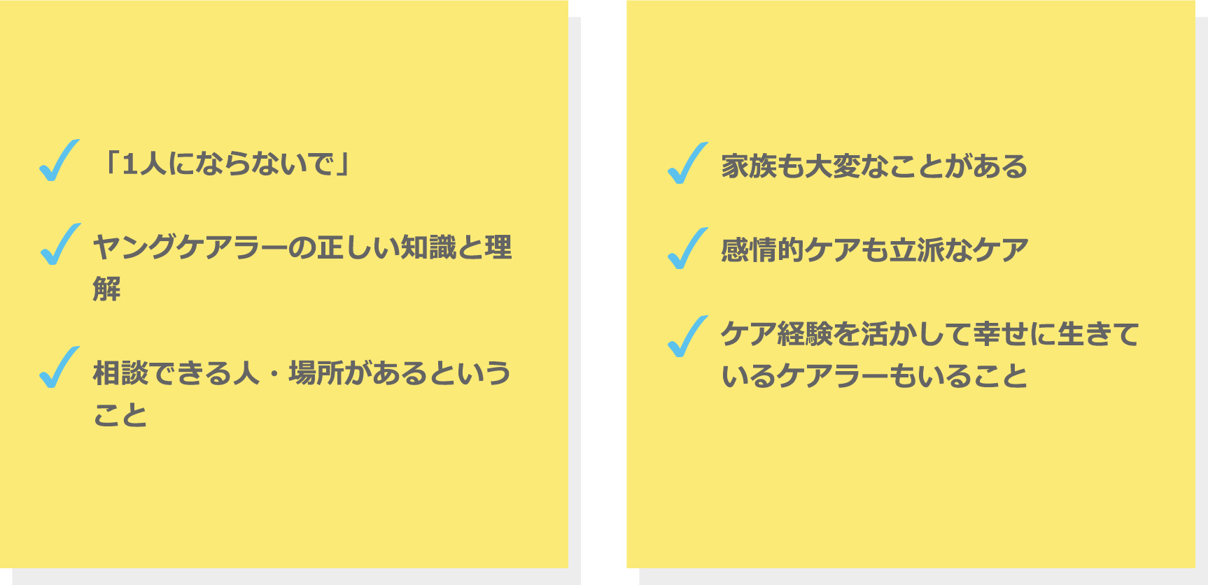 「1人にならないで」。ヤングケアラーの正しい知識と理解。相談できる人・場所があるということ。家族も大変なことがある。感情的ケアも立派なケア。ケア経験を活かして幸せに生きているケアラーもいること